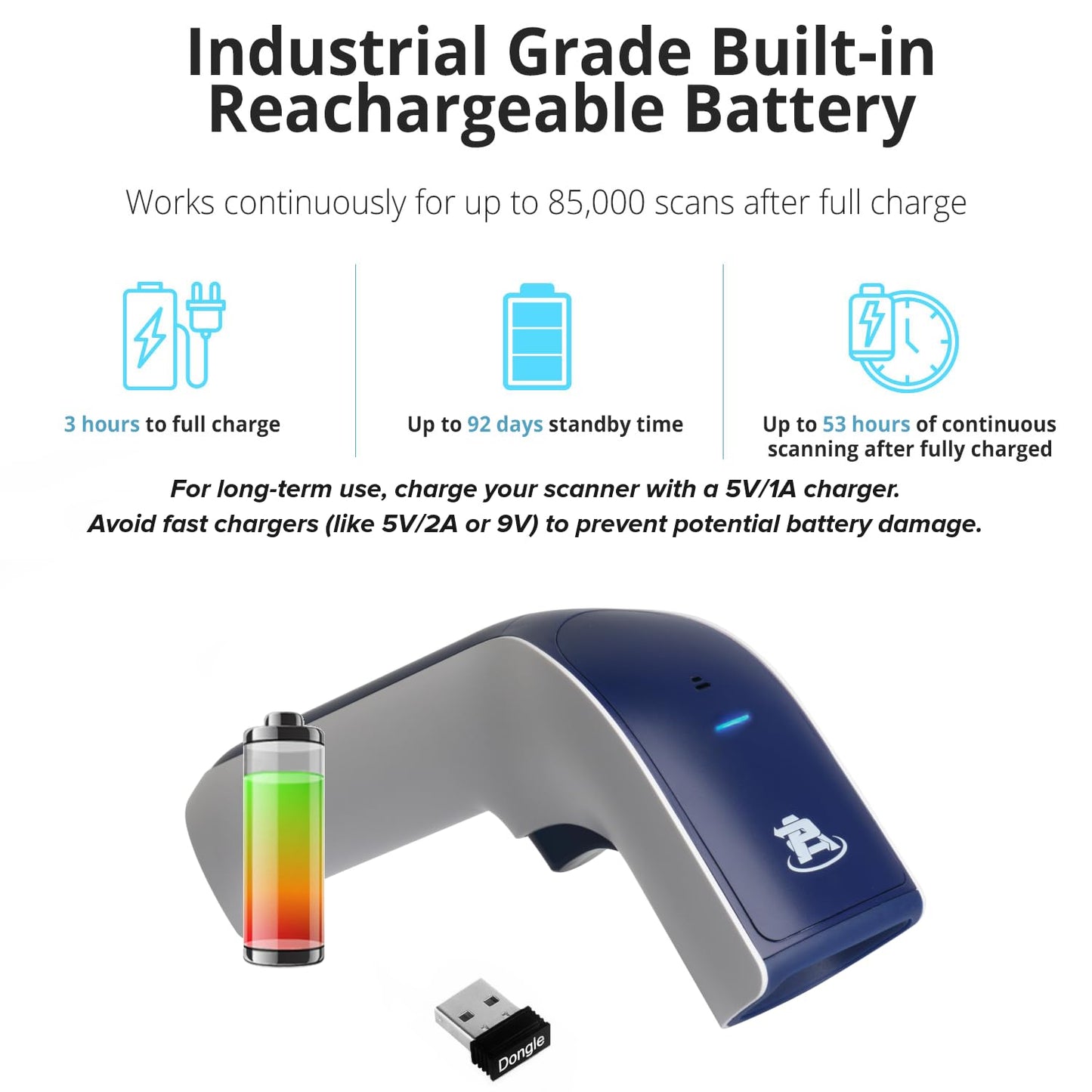 ScanAvenger Wireless Portable 1D Bluetooth Barcode Scanner: Hand Scanner 3-in-1, Cordless, Rechargeable Scan Gun for Inventory - USB Barcode Reader (1D Only with No Next Gen Stand)