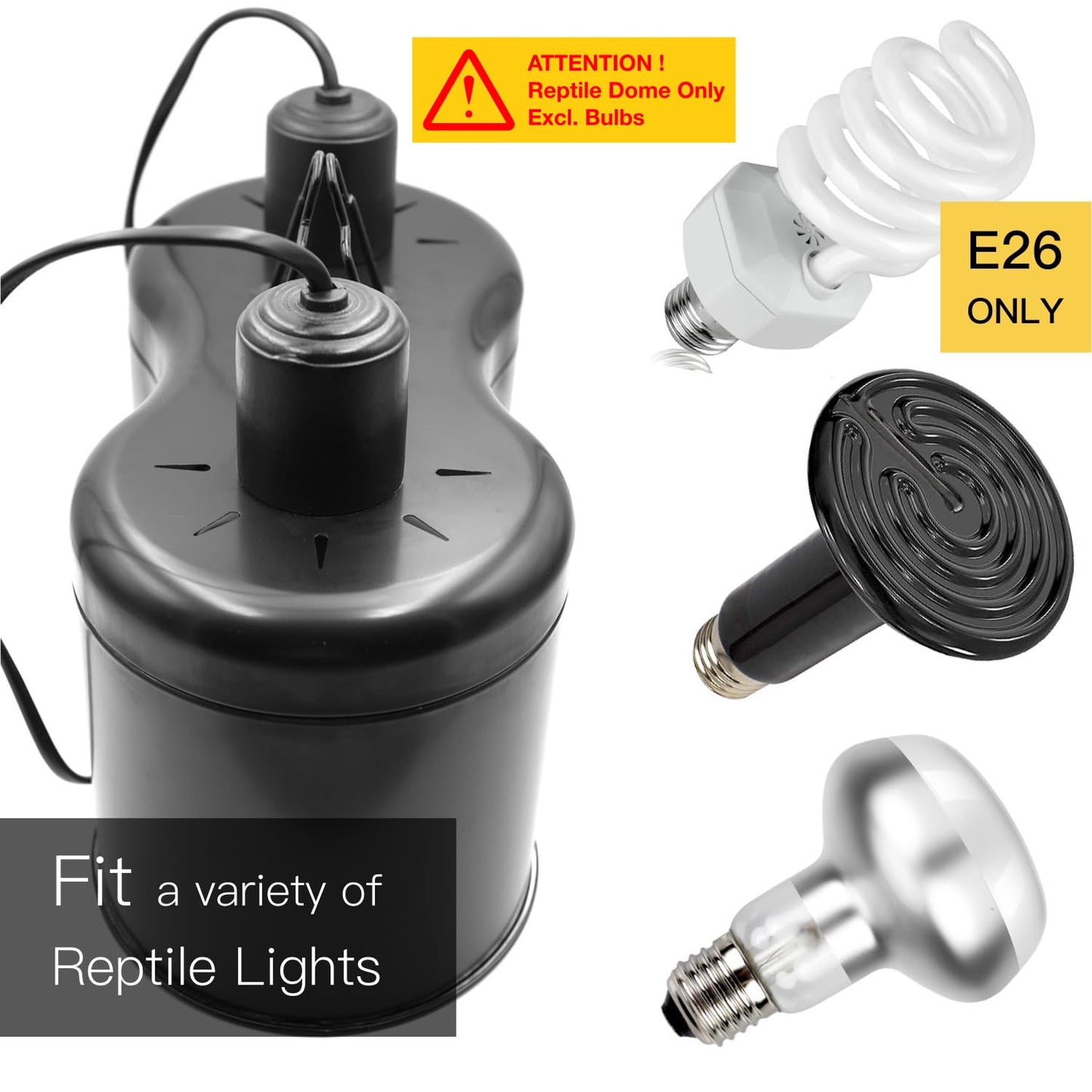 ReptiKing Reptile Dual Dome 12inch, Fits Reptile Light/Heat Lamp/UVB Light, Max. 160W Each,Patent Design K8561, Reptile Light Fixture