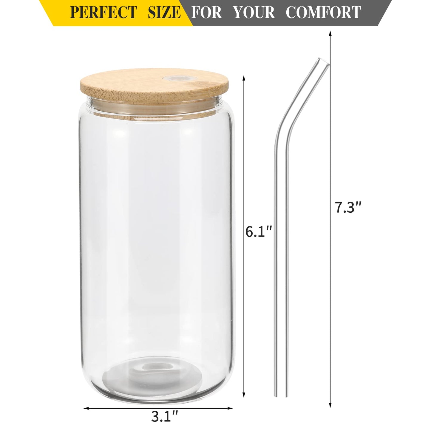 20 Pack Bamboo Lid Glasses with Straws, Can Shaped Beer Glasses, Reusable Cute Tumbler Cups for Whiskey, Iced Coffee, Tea, Soda, Cocktail, Gift, Clear 16oz