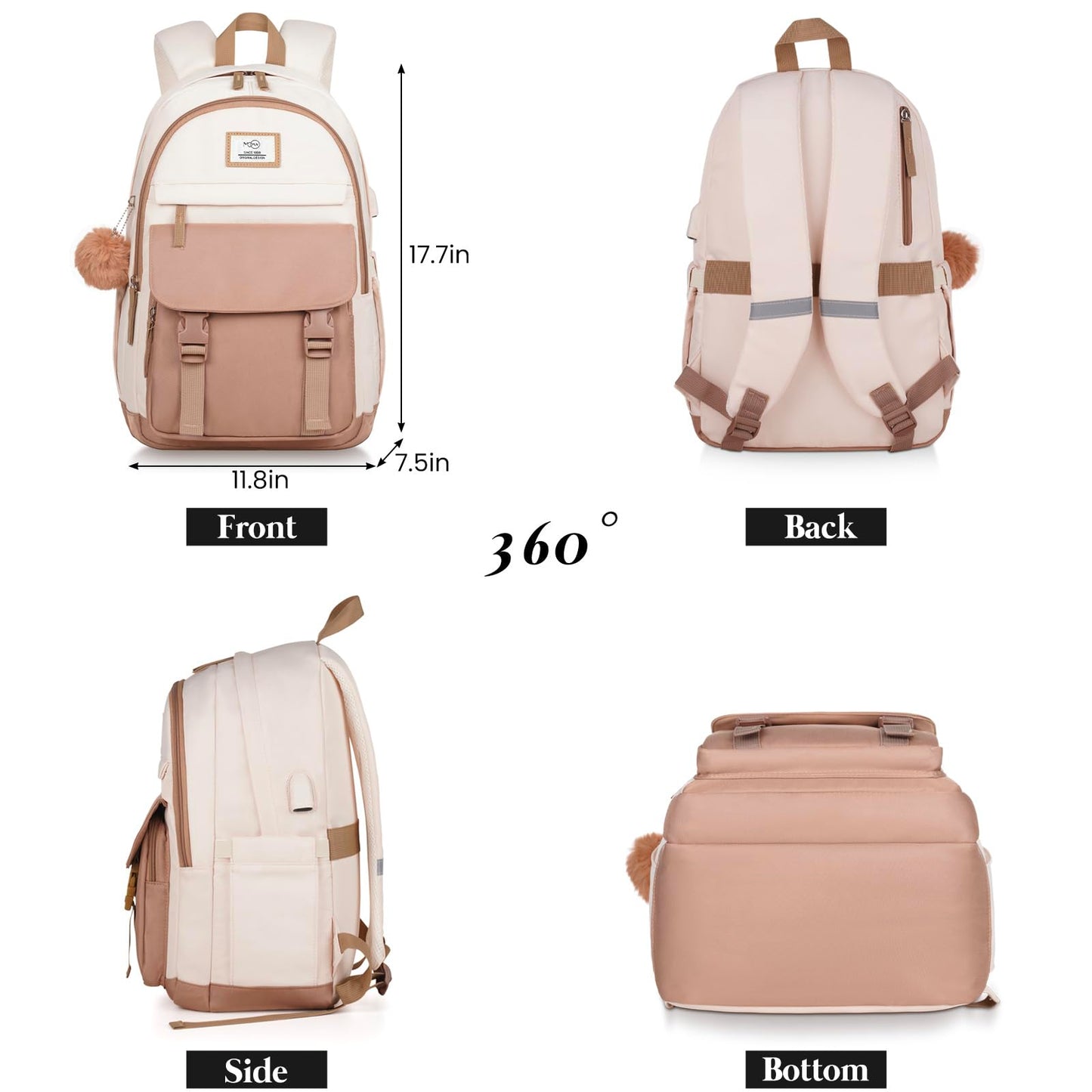 MOMUVO Backpacks for Teen Girls Women,15.6 Inch Laptop School Backpack Cute College Backpack Bookbag for Students,Beige Khaki