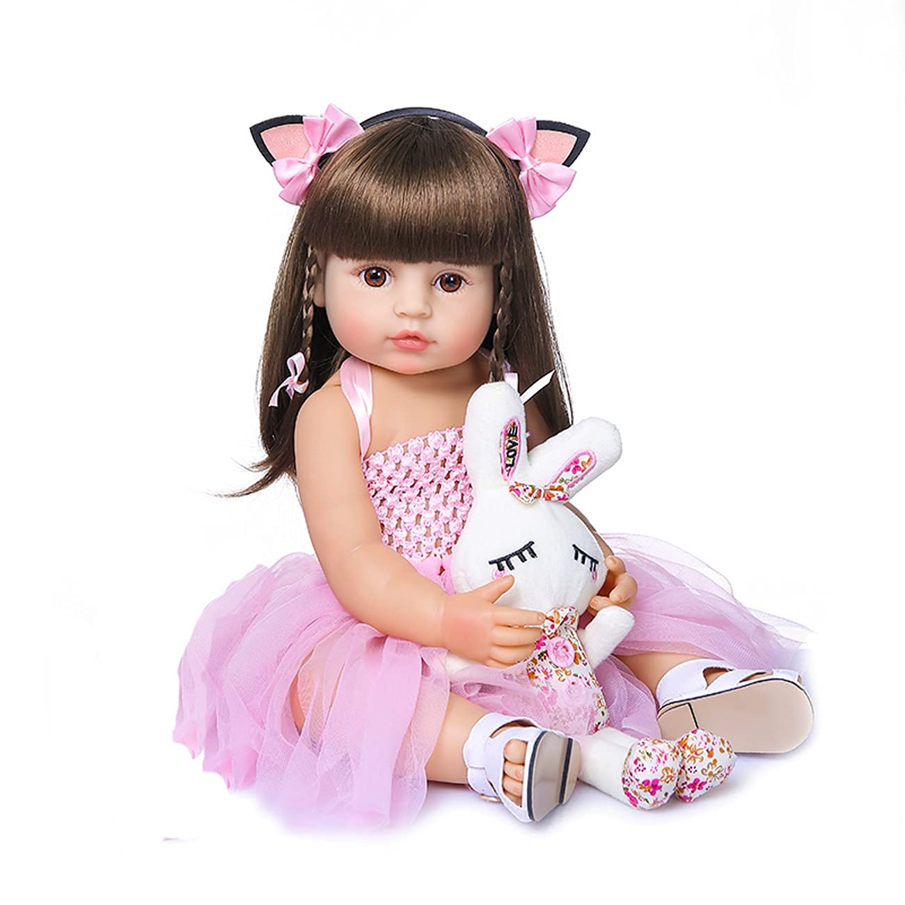 Wamdoll 22 inch 55CM Realistic Sweet Face Real Baby Size Reborn Toddler Newborn Girl Doll Crafted in Silicone Vinyl Full Body Children Birthday, Pink Yarn Skirt