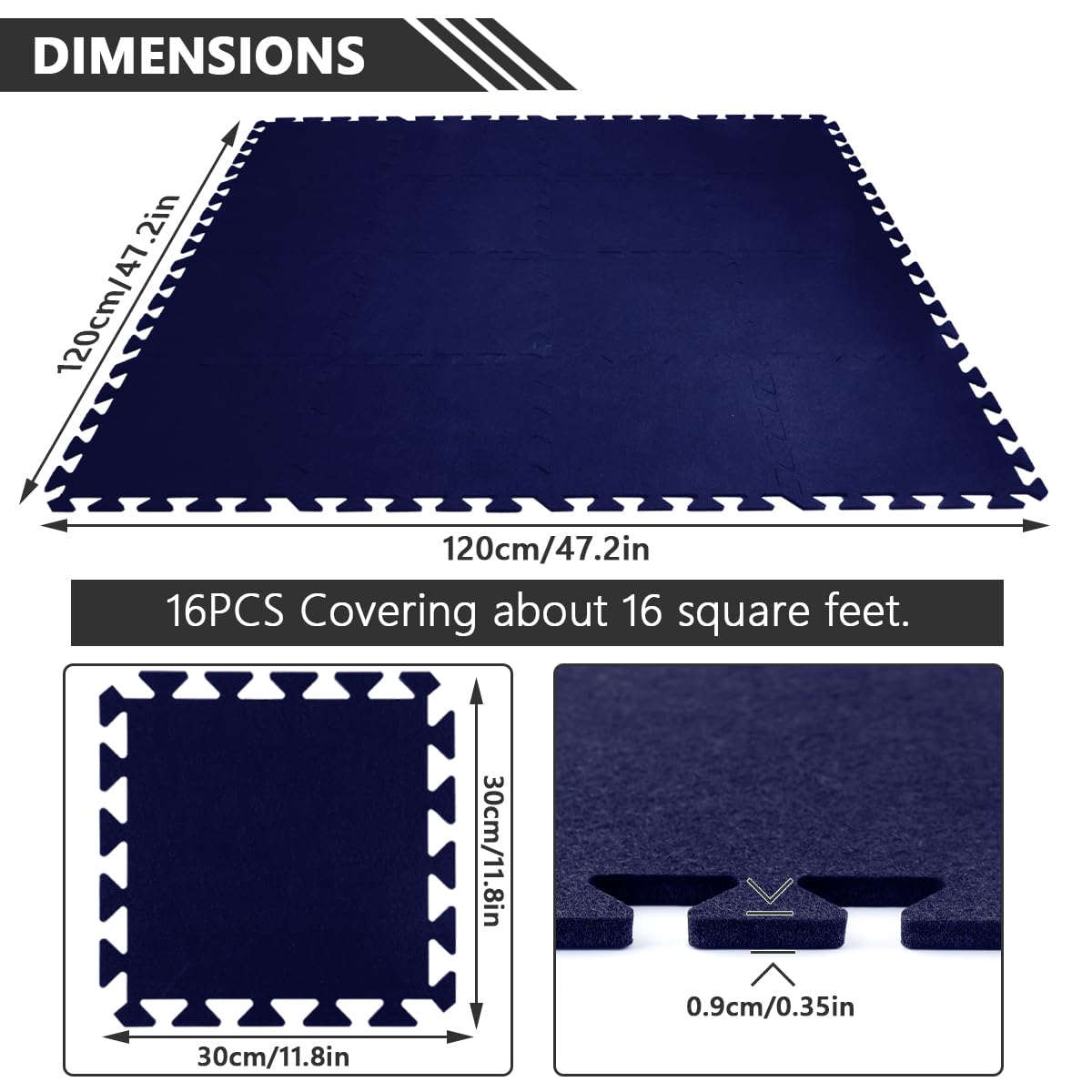 16Pcs Thick Sound Absorbing Interlocking Floor Mats, High Density Piano Carpet Drum Rug, Non-Slip Anti Vibration Soundproof Pads Acoustic Blankets (Dark Blue)