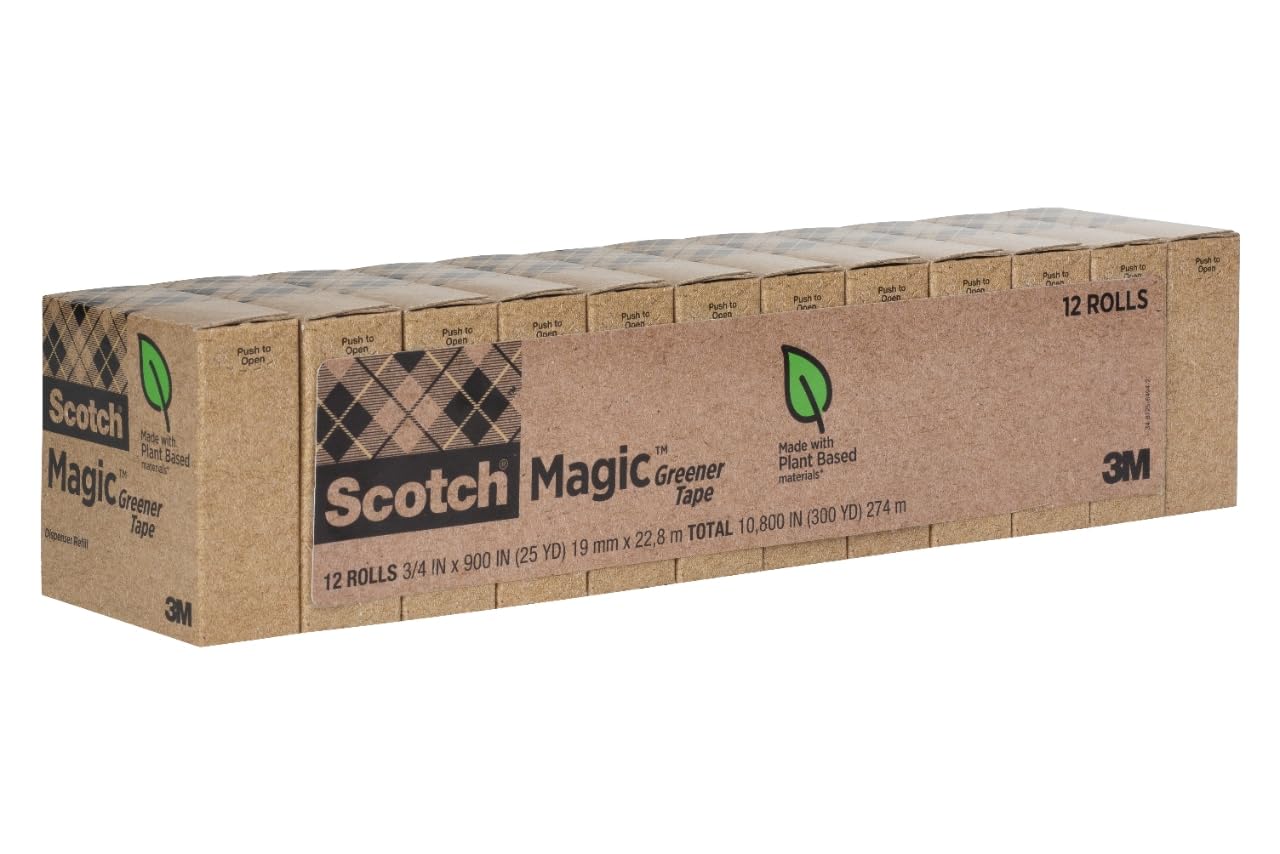 Scotch Magic Greener Tape, 12 Rolls, Numerous Applications, Invisible, Engineered for Repairing, 34 x 900 Inches, Boxed