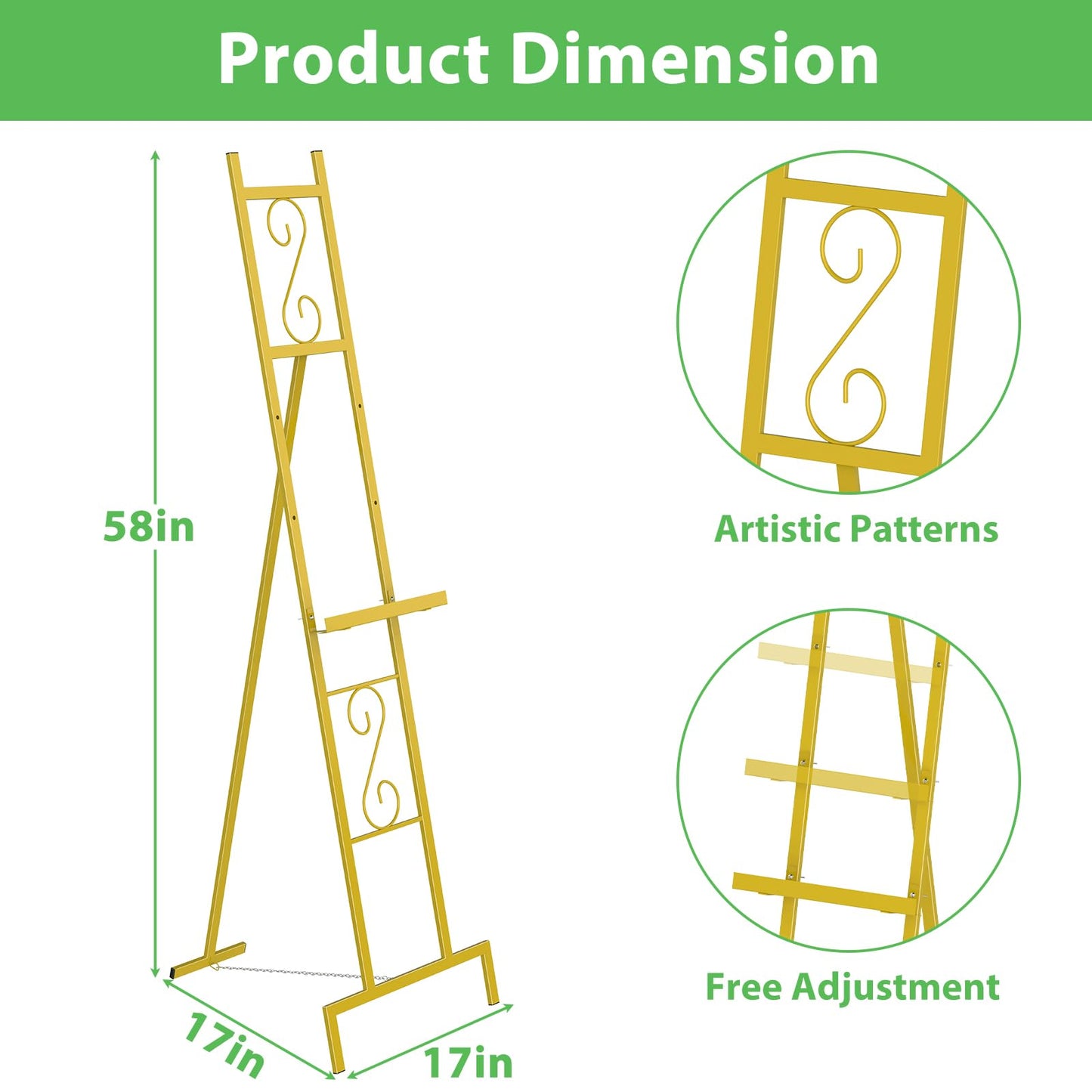 Skcoipsra 58IN Gold Easel Stand for Sign, 3 Tier Adjustable Larger Wedding Welcome Sign Holder, Art Poster Display Stand Free Standing with Chain, 17x17x58 Inch