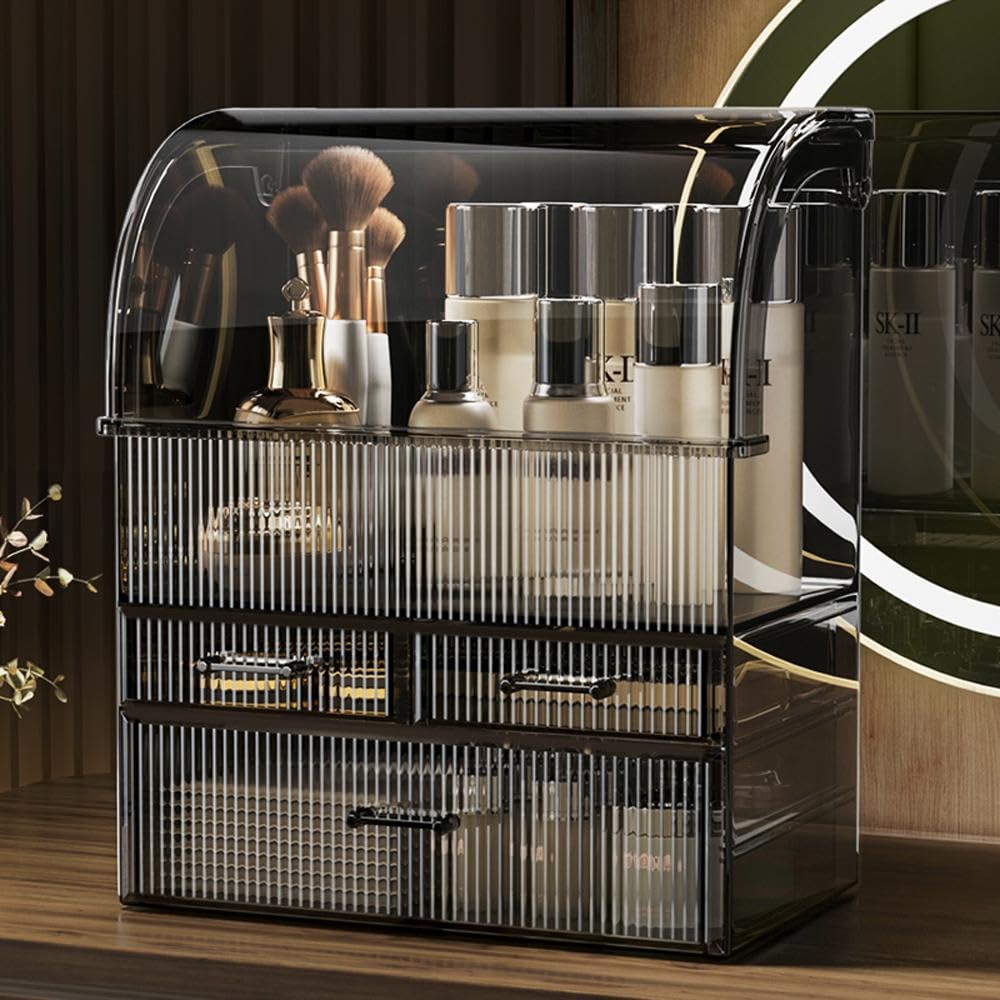 Makeup Storage Organizer, X-Large Acrylic Cosmetics Organizer Skincare Display Case with Drawers, Perfume Makeup Organizer Box with Waterproof Cover for Countertop, Bathroom, Dresser(Black-XL)