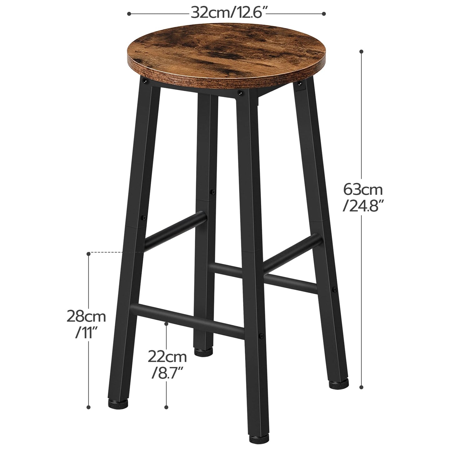 HOOBRO Bar Stools, Set of 2 Bar Chairs, 65.5 cm Height Stools, Breakfast Bar Stools, Industrial Kitchen Bar Chairs, for Dining Room, Kitchen, Bar, Solid and Stable, Rustic Brown and Black BF07BY01G1