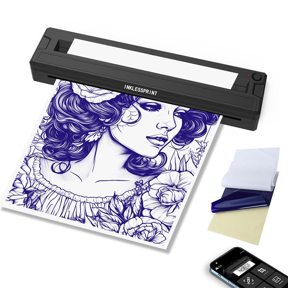 INKLESSPRINT Thermal Tattoo Stencil Printer Machine, Portable Wireless Tattoo Transfer Printer for Tattoo Artists & Enthusiasts, Support Mobile Phone & PC, with 10 Thermal Papers & 3 Transfer Papers