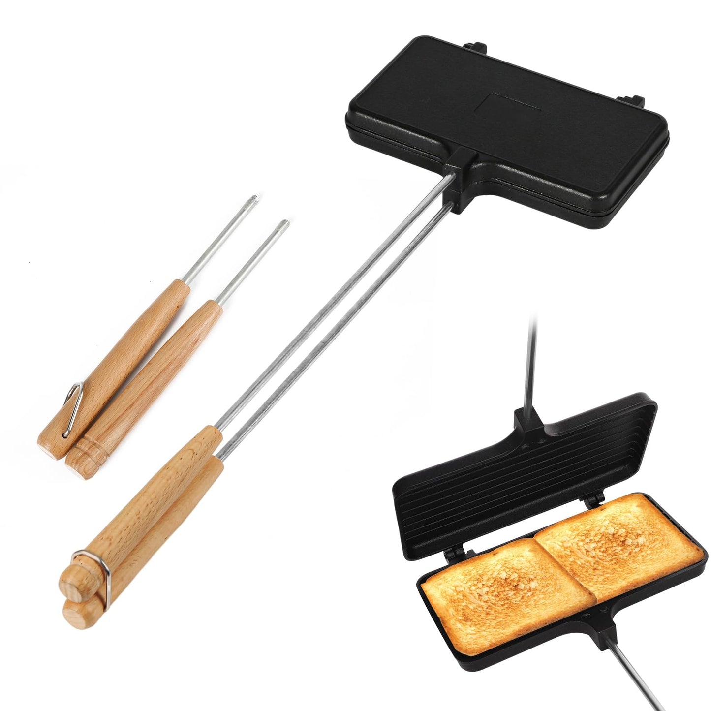Double Pie Irons, Non-Stick Pie Irons for Camping Cast Iron with 4 Removable Handles Portable Campfire Sandwich Maker Mountain Pie Maker, Do not Grill Directly on Charcoal