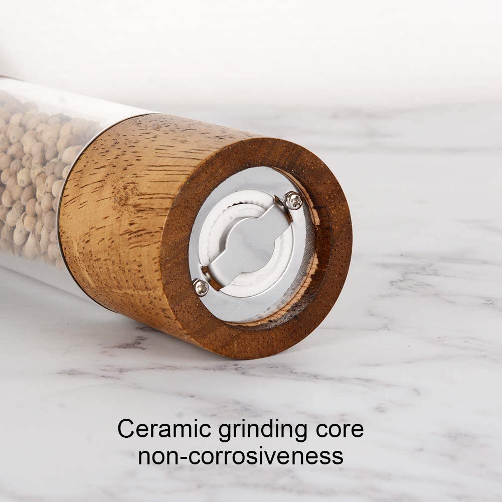 Haomacro Premium Acrylic Salt and Pepper Grinder Set, Manual Salt and Pepper Mills - Wooden Salt Shakers with Adjustable Ceramic Core-Salt Grinder and Pepper Mill - 8 Inches - 2 Pack