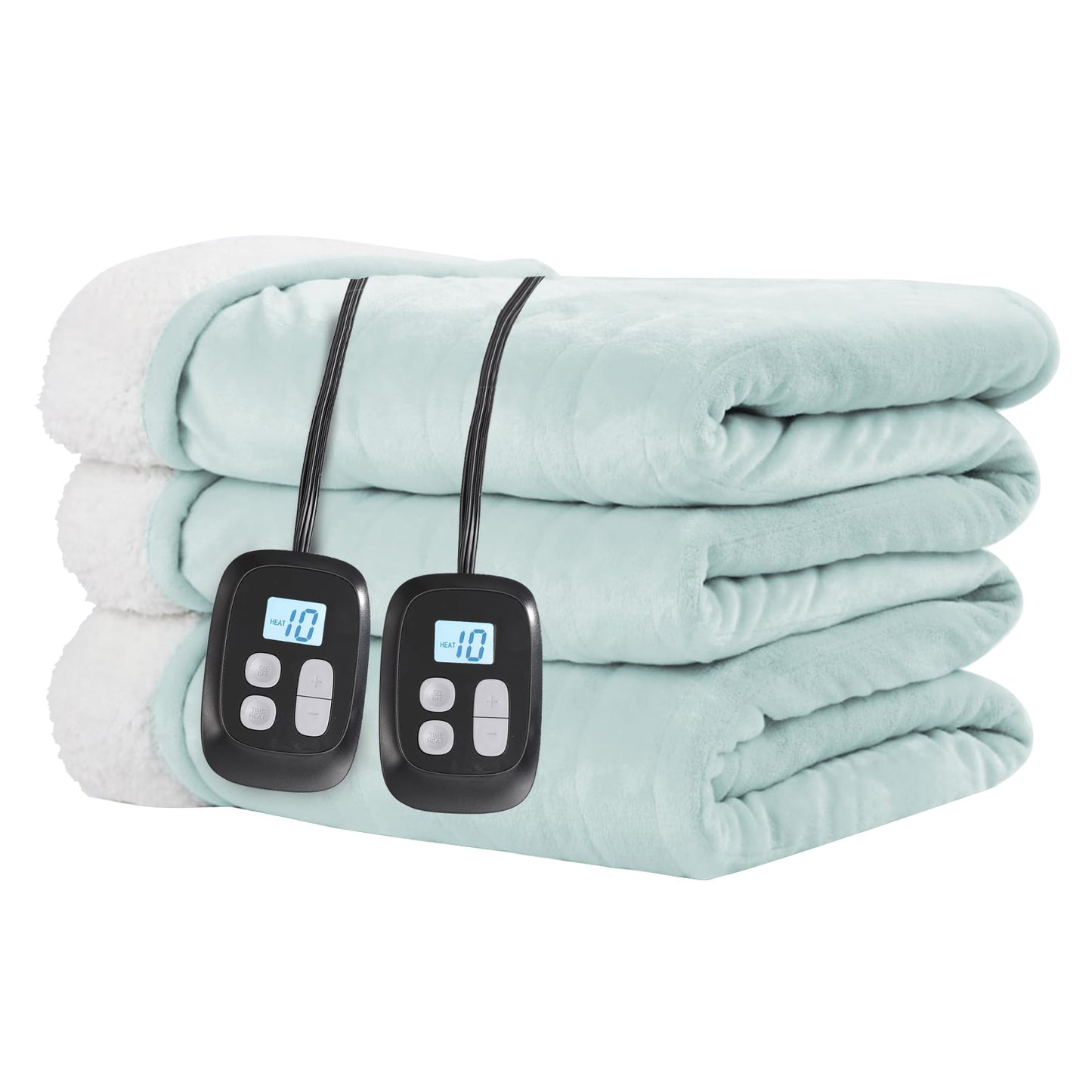 Eydna Electric Heated Blanket Queen Size 84'' x 90''- Soft Plush Flannel Heating Blanket with Dual Controller 10 Heating Level & 1-12 Hour Auto Off, Machine Washable, Aqua Green