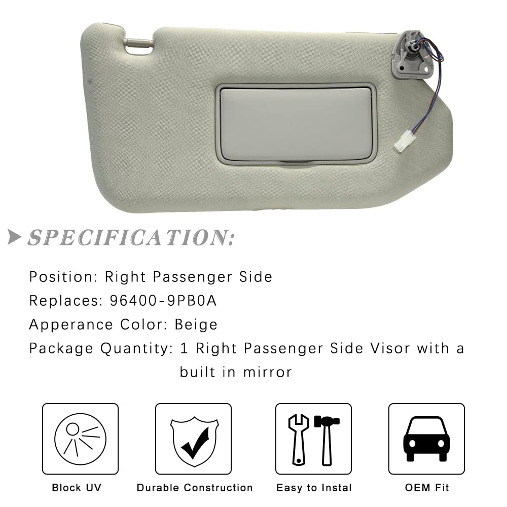 Right Passenger Side Sun Visor Replacement for 2013 2014 2015 2016 2017 2018 Nissan Pathfinder and 2014-2017 Infiniti QX60 (Beige)