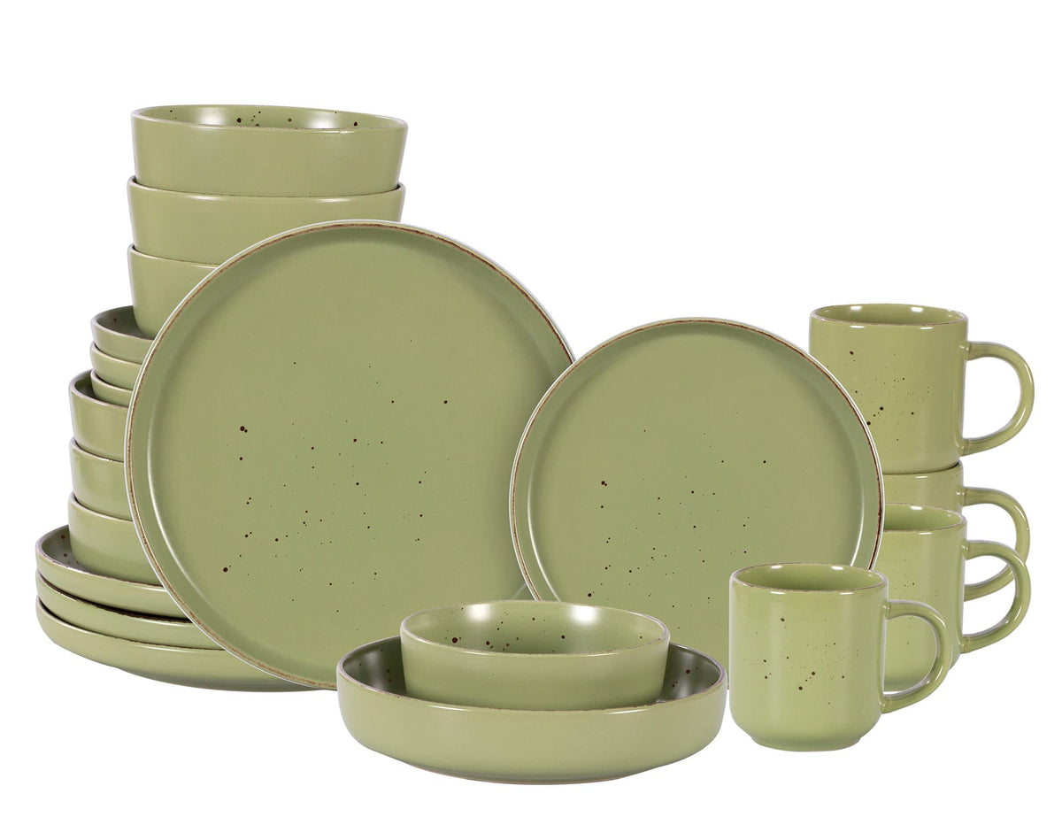 Home VSS 20-Piece Porcelcin Dinnerware Set - Nordic Raised Rim Tableware Collection with 4-Person Plates & Bowls, Matte Green with Speckled Spots