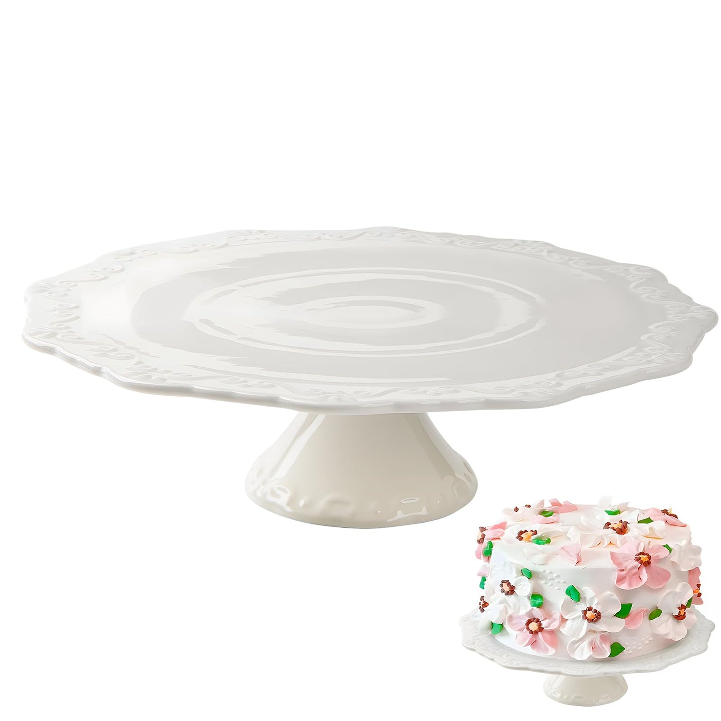 BPFY Round White Ceramic Cake Stand (Holds 10-Inch Cake), Decorative Cupcake Stand, Dessert Display Plates for Snacks and Cookies, Baby Shower, Birthday, Wedding Party Decor