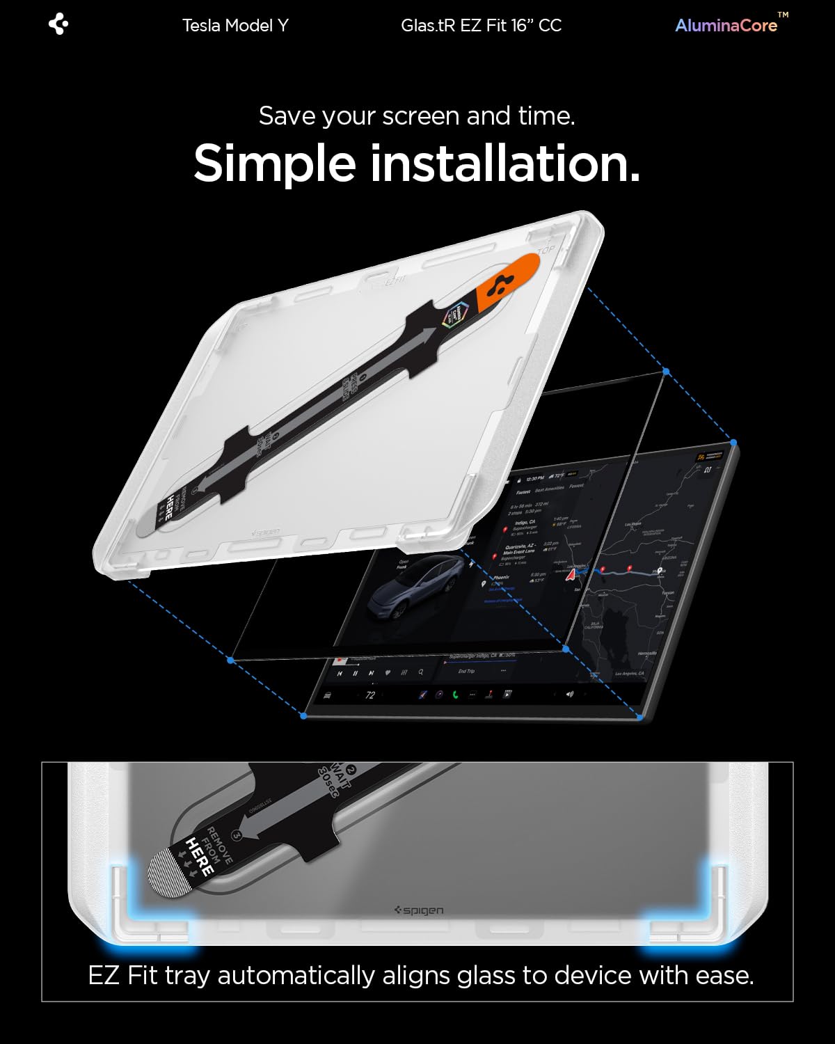 Spigen AluminaCore Tempered Glass Screen Protector [GlasTR EZ FIT] designed for Tesla Model Y Premium (2026), Model Y Performance (2025/2026) - Crystal Clear