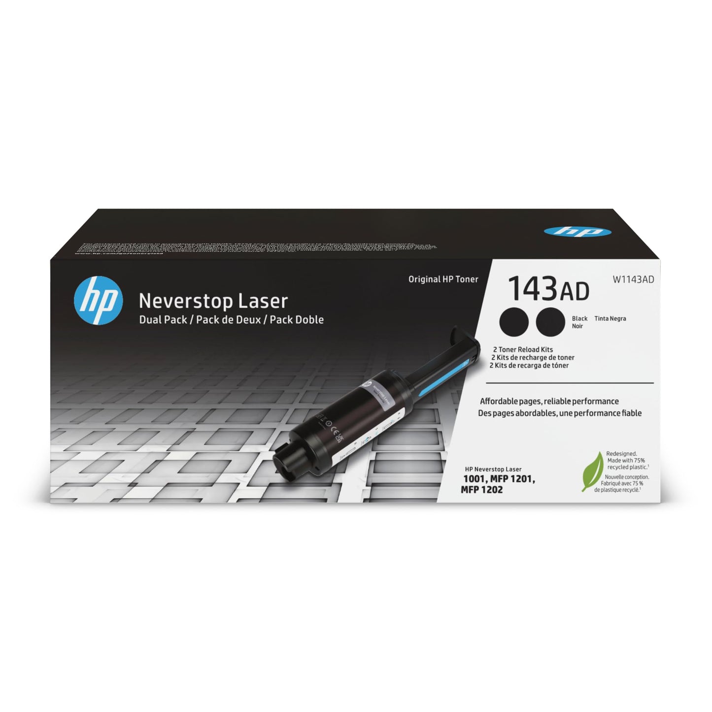 HP 143AD (W1143AD) Black Toner Reload Kit, 2 Cartridges