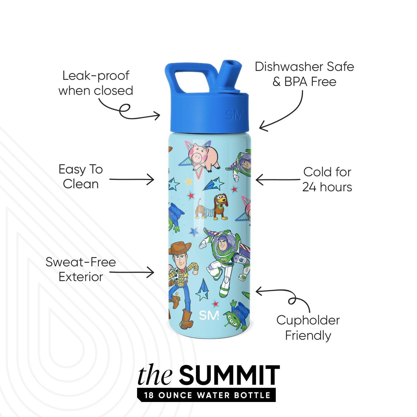 Simple Modern Kids Summit Water Bottle with Straw Lid | Disney Toy Story 18oz Stainless Steel Cup Insulated Tumbler for Boys, School | Buzz and Woody Adventures
