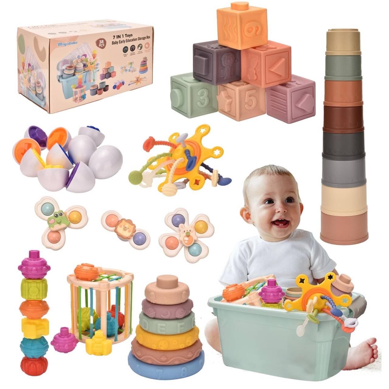 Majabike Baby Toys for 6 to 12 Months,7 in-1 Montessori Sensory Toys for Toddlers 1-3,Baby Blocks, Stacking Blocks Rings, Matching Eggs, Suction Cup Spinner,Stacking Cups, for Toddler Gift