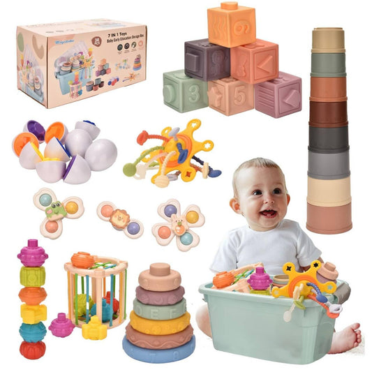 Majabike Baby Toys for 6 to 12 Months,7 in-1 Montessori Sensory Toys for Toddlers 1-3,Baby Blocks, Stacking Blocks Rings, Matching Eggs, Suction Cup Spinner,Stacking Cups, for Toddler Gift