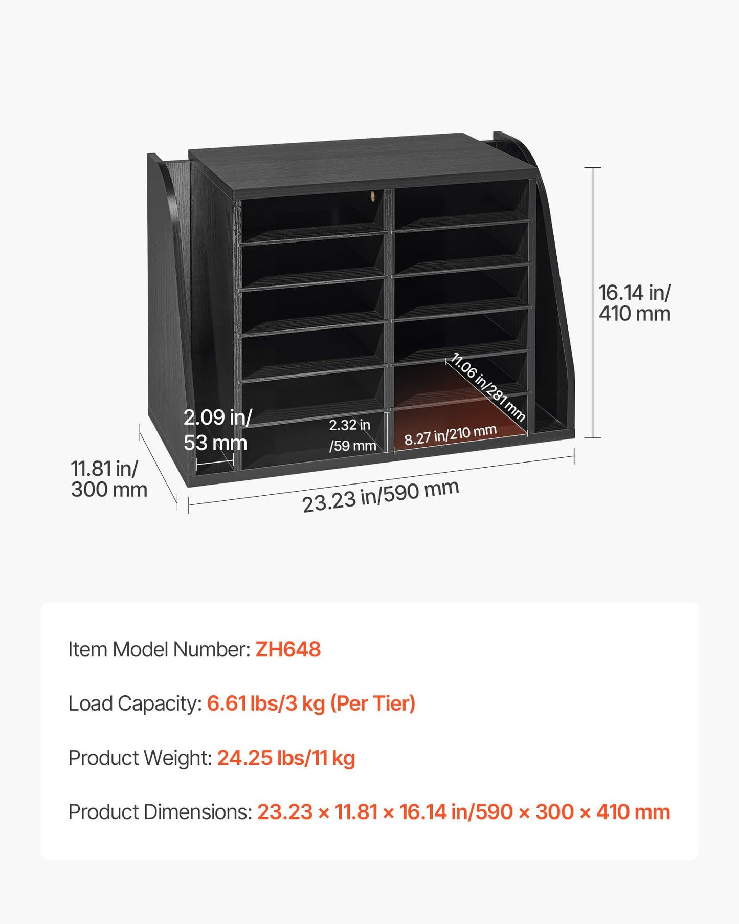 VEVOR Literature Organizer, 12 Compartments Office Mailbox with Side Vertical Storage, Wooden Mailbox Sorter Made of Particle Board, Countertop Office Home Organizer for File, Document, Paper, Black