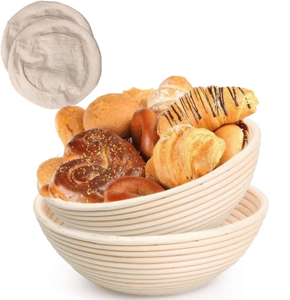 2 Pack 10 inch Banneton proofing Basket, Round Sourdough Bread Basket, Handmade Bread Proofing Basket with Linen Liner Cloth, Great for Professional & Home Bakers & Starter