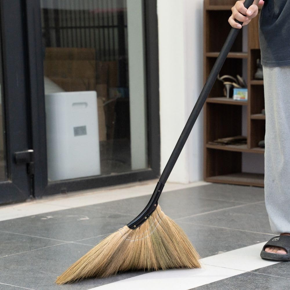 TTS For Home - Vietnamese Straw Soft Broom - Indoor Grass Broom - Sweeping Hand with Black Long Handle Broomstick for House, Garage, Office, Lobby Room, Kitchen with 37.98 in Length