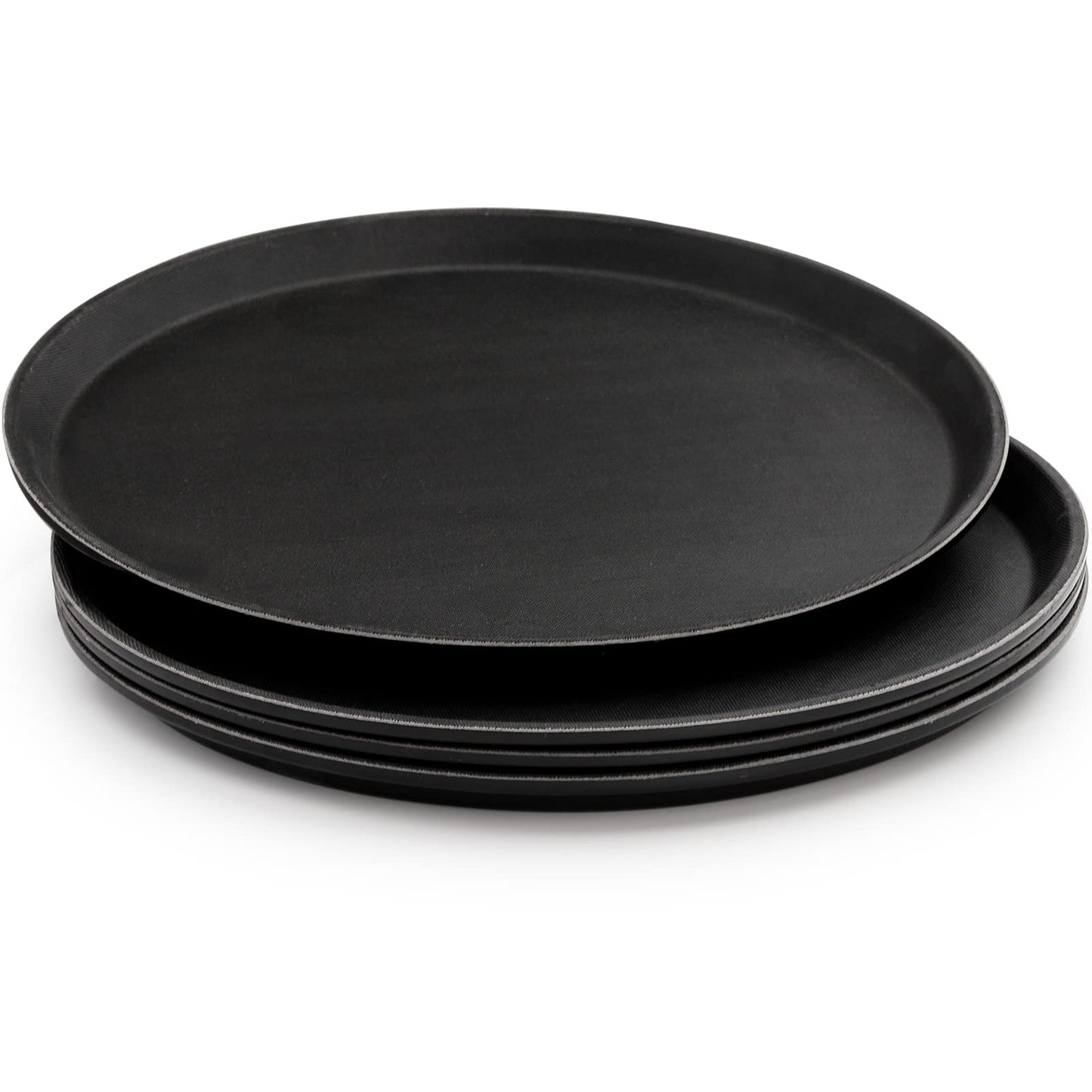 TOPZEA 4 Pack 14 Inch Round Restaurant Serving Tray, Fiberglass Non-Slip Rubber Lined Black Server Trays Commercial Grade Bar Service Tray for Restaurant, Kitchen, Cafeteria, Catering, Easy Clean
