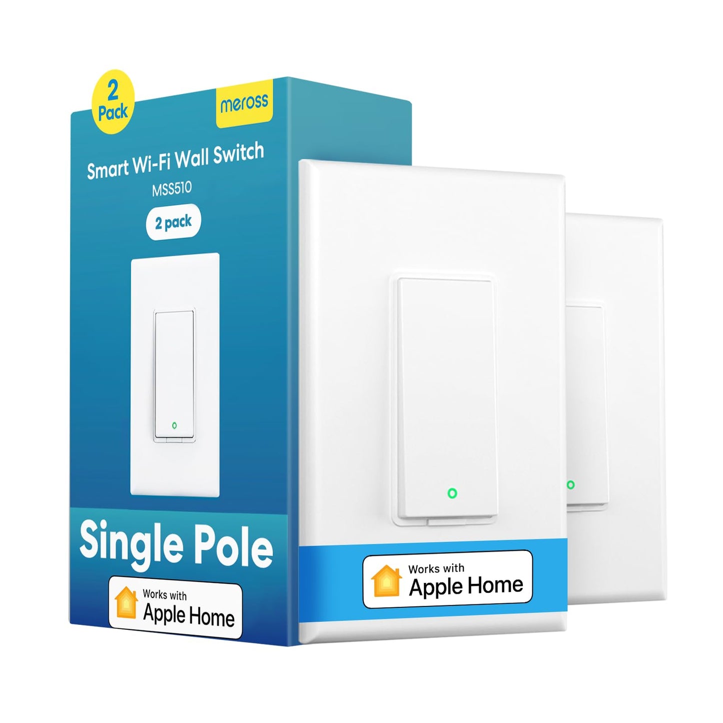 meross Smart Single Pole Light Switch, Neutral Wire Required, Compatible with Apple HomeKit, Alexa, Google Home, and SmartThings, 2.4GHz WiFi, App Remote and Voice Control, No Hub Required, 2 Pack