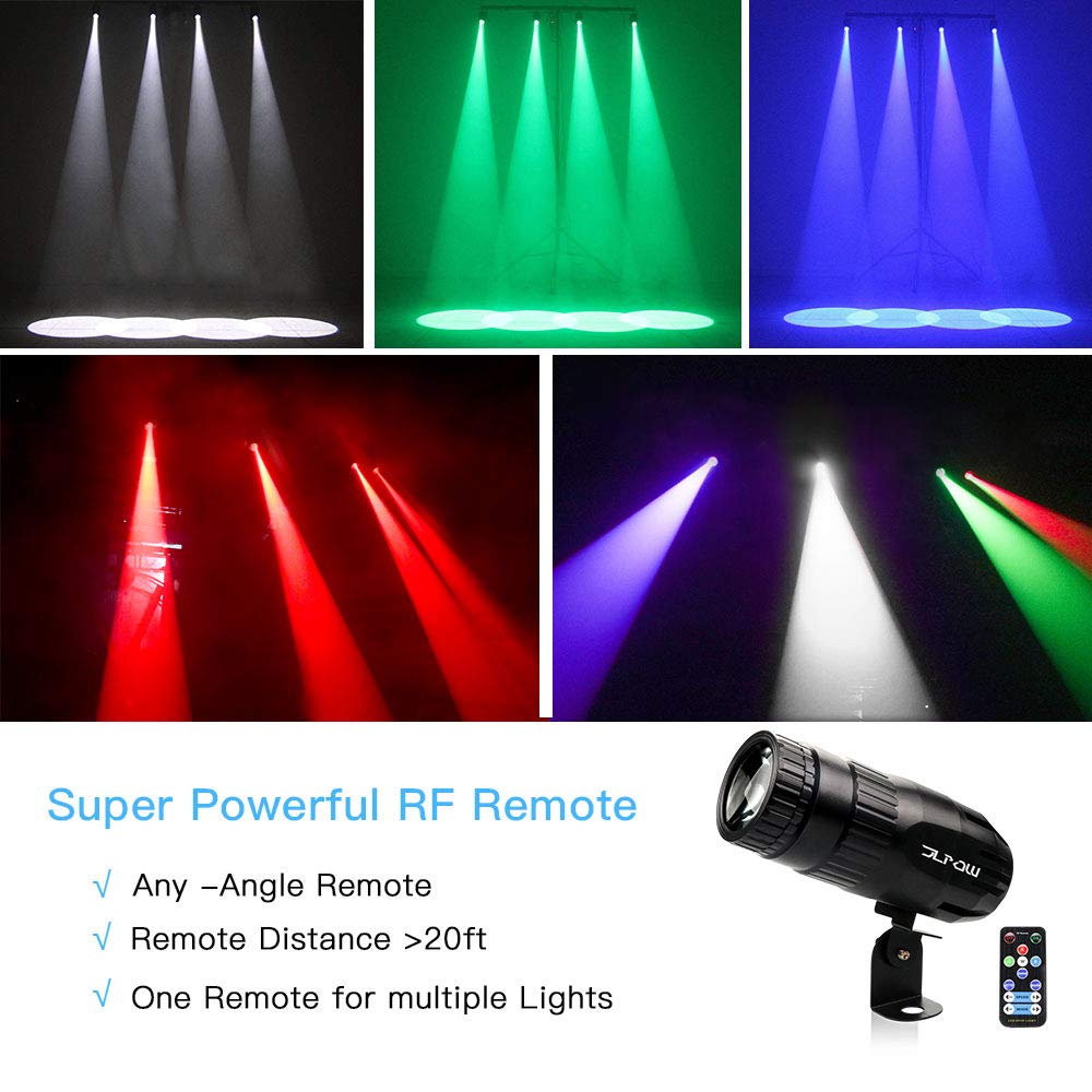 Pinspot Light with Remote, JLPOW Super Bright Mirror Ball Spotlight, Mini 15W RGBW LED Beam Spot lights Stage Effect Lighting, Best for DJ Disco Party Bar Club Show Wedding Children's Theater