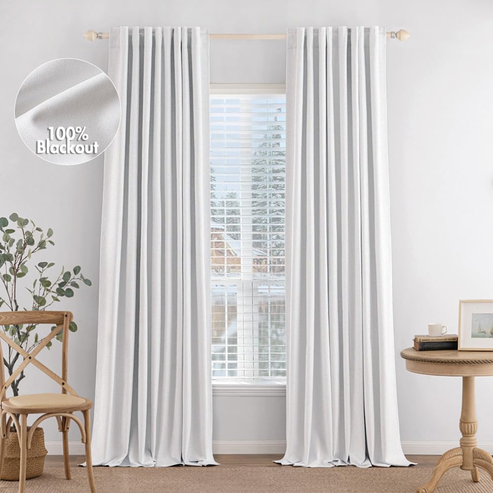 MIULEE 100% Blackout Curtains 90 inches Long Linen Curtains & Drapes for Bedroom Living Room Darkening Full Light Blocking Window Curtain Panels Rod Pocket & Back Tab,White,2 Panels