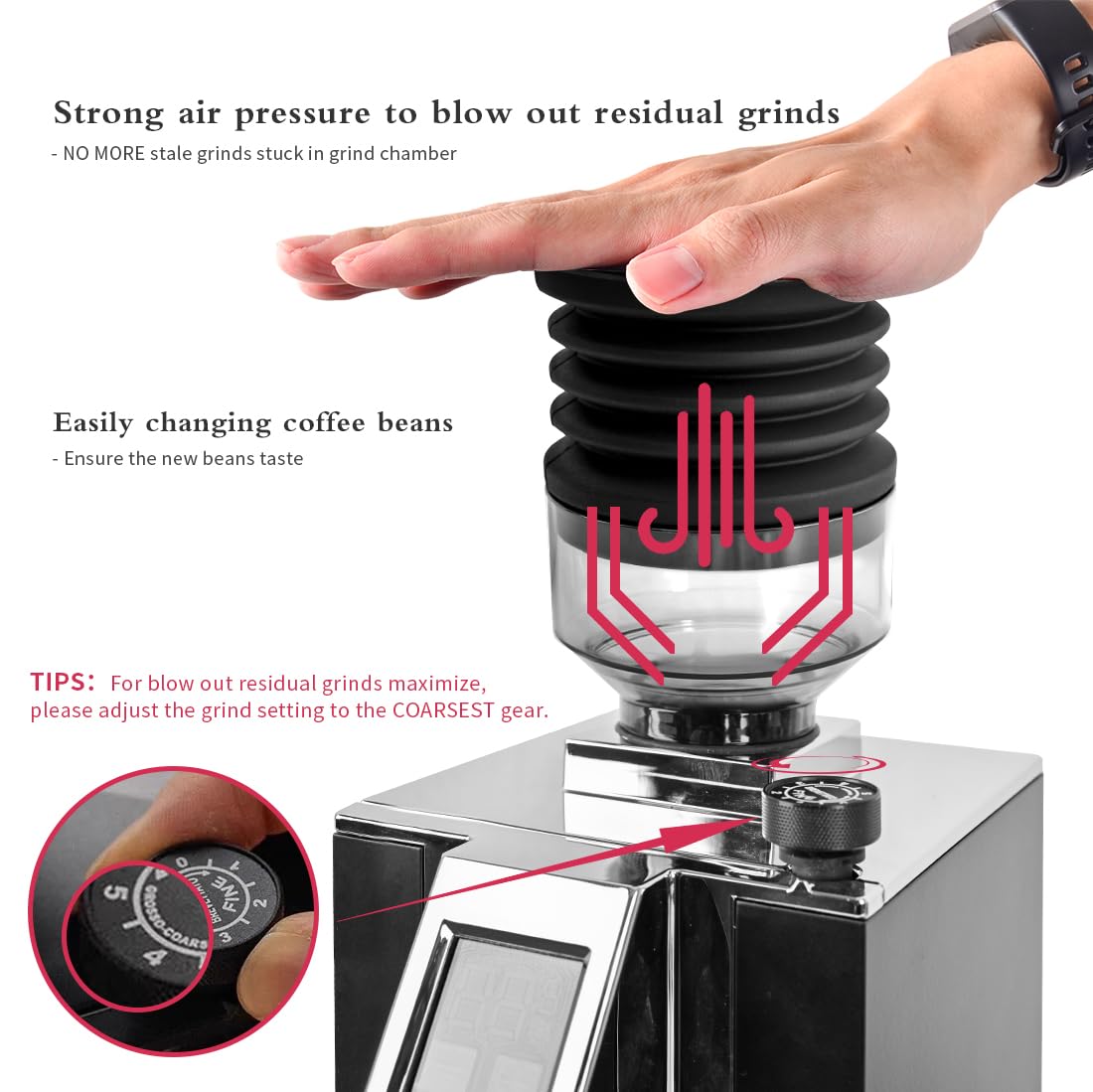 Single Dose Hopper Compatible with Eureka Mignon Espresso Coffee Grinder Silicone Bellow for Blow Out Residual Coffee Grounds (Heighten Hopper)