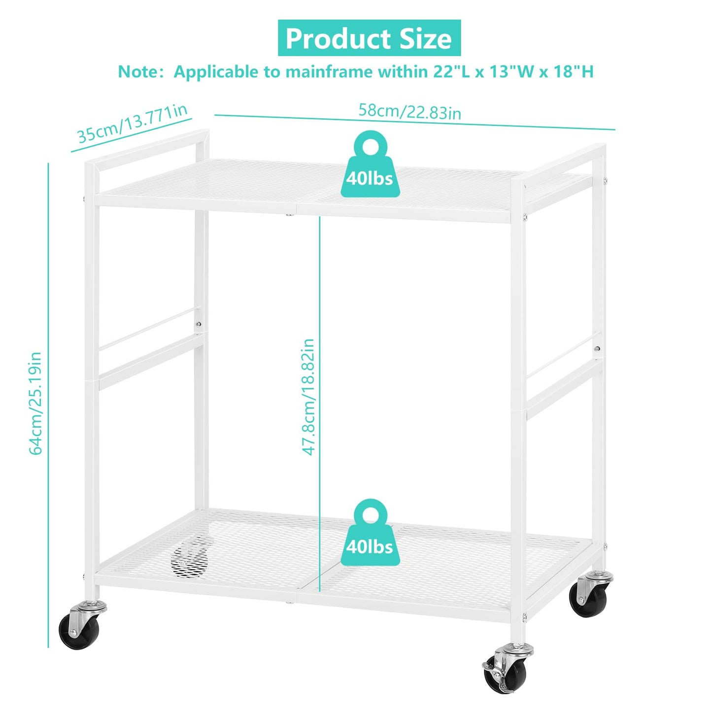 YBING Computer Tower Stand White PC Tower Stand 2 Tier CPU Holder Stand with Wheels Metal Mobile Computer Tower Cart Rolling PC Stand Floor for Fax Home Office