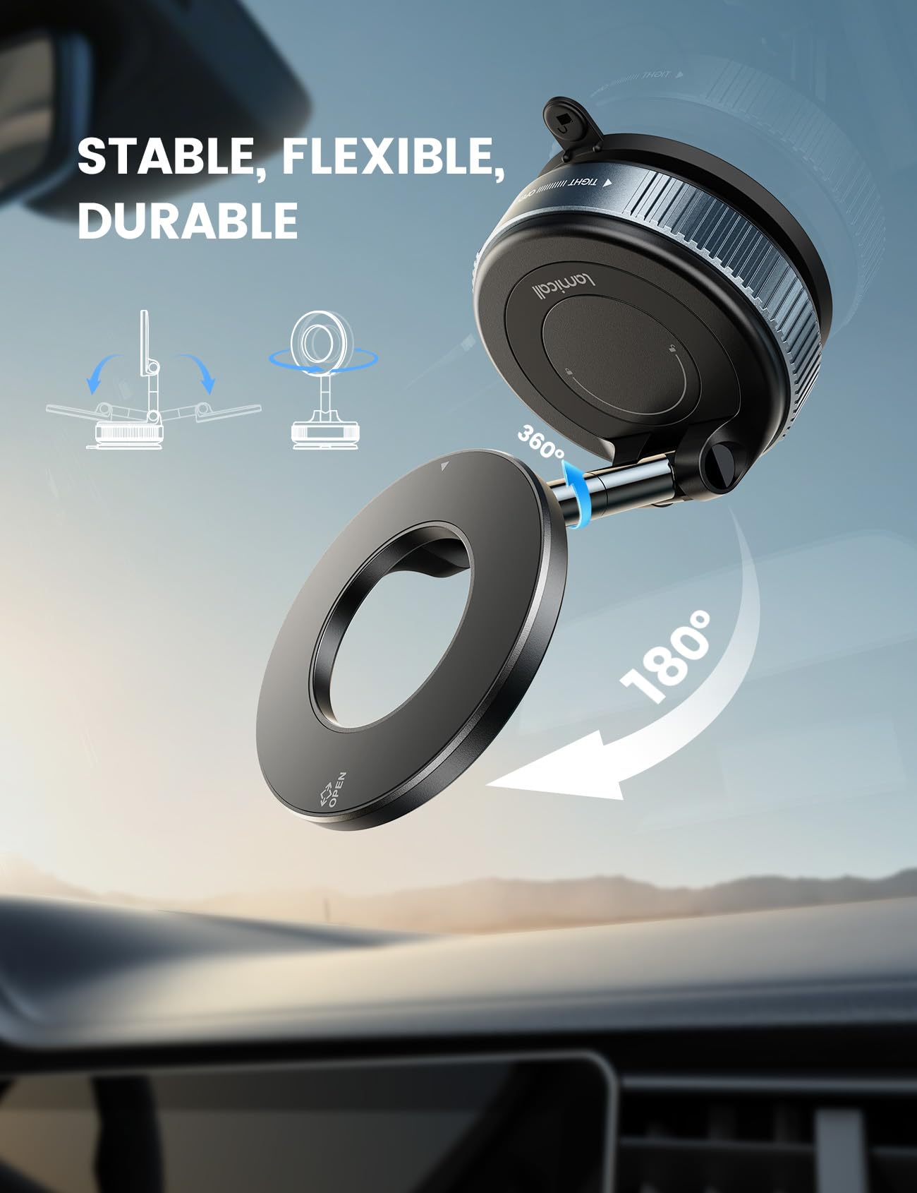 Lamicall for Magsafe Car Mount, [Bumpy Road Stable] Phone Mount for Car, 360° Adjustable Suction Cup Phone Mount Dashboard Windshield Vacuum Phone Holder in-Dash DVD & Video Receivers Gifts for Men