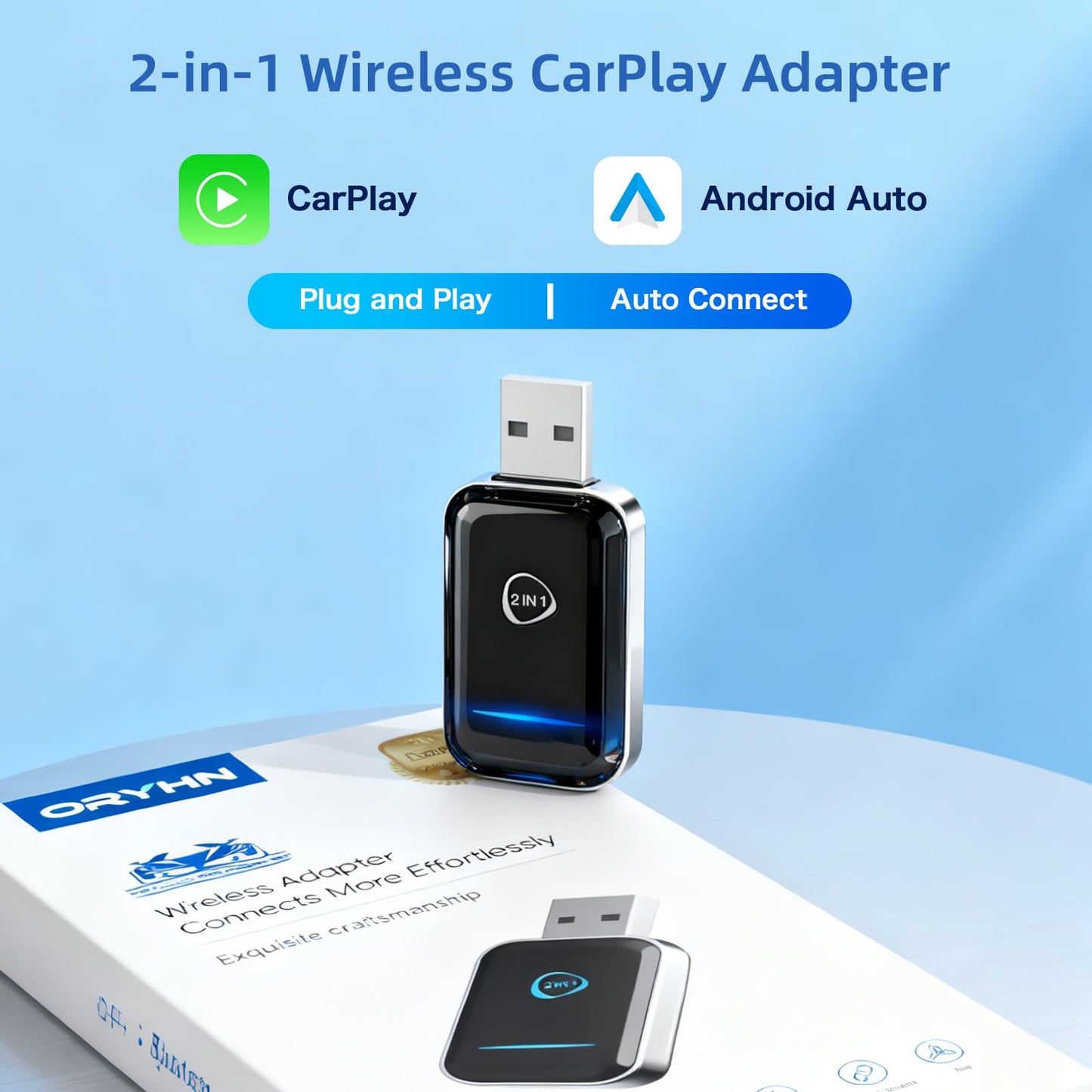 ORYHN 2-in-1 Wireless CarPlay & Android Auto Adapter, Mini USB Plug and Play Dongle, Converts Wired to Wireless with Fast Auto-Connect, for iPhone iOS 10+ and Android Auto Cars