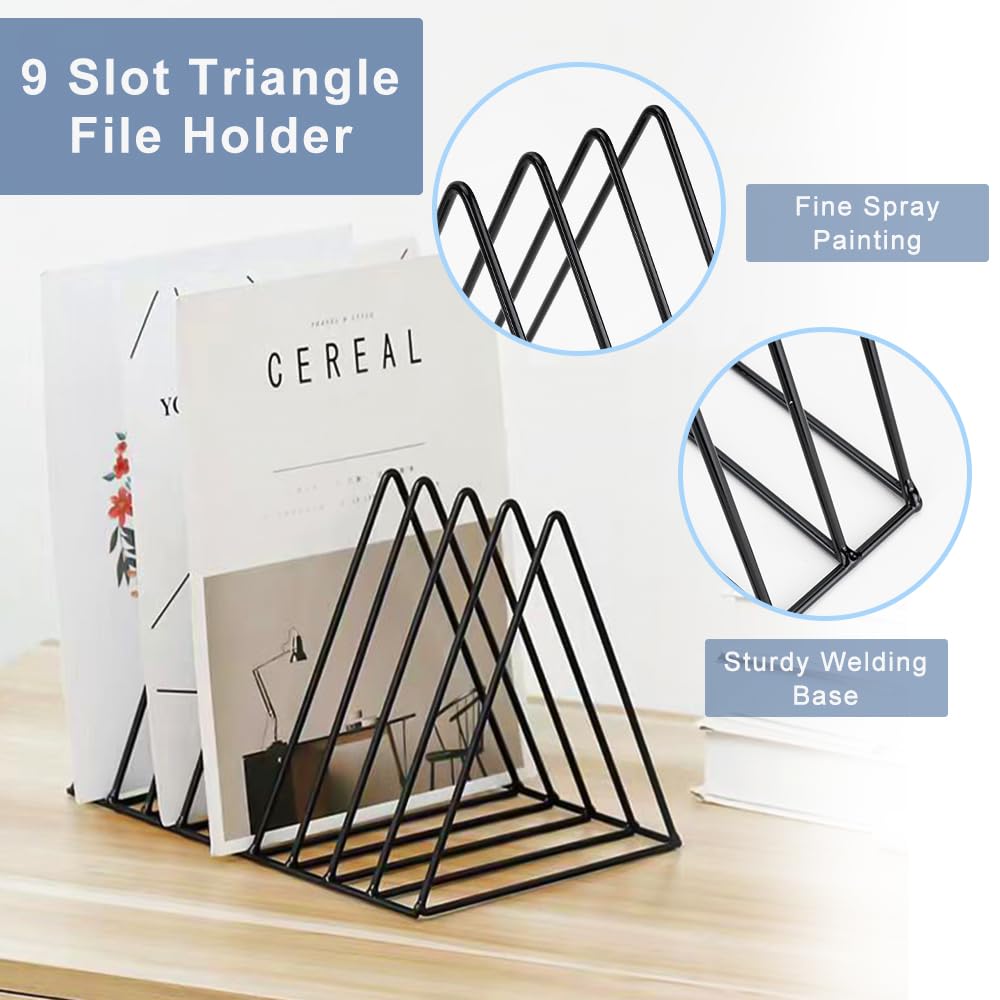 4Pcs Triangle File Holder, FHDUSRYO 9 Slot Black Magazine Holder, Metal Vinyl Record Storage Stand, Desktop File Organizer Magazine Rack, Bookshelf Organizer for Office Home, Letter Book(Black)
