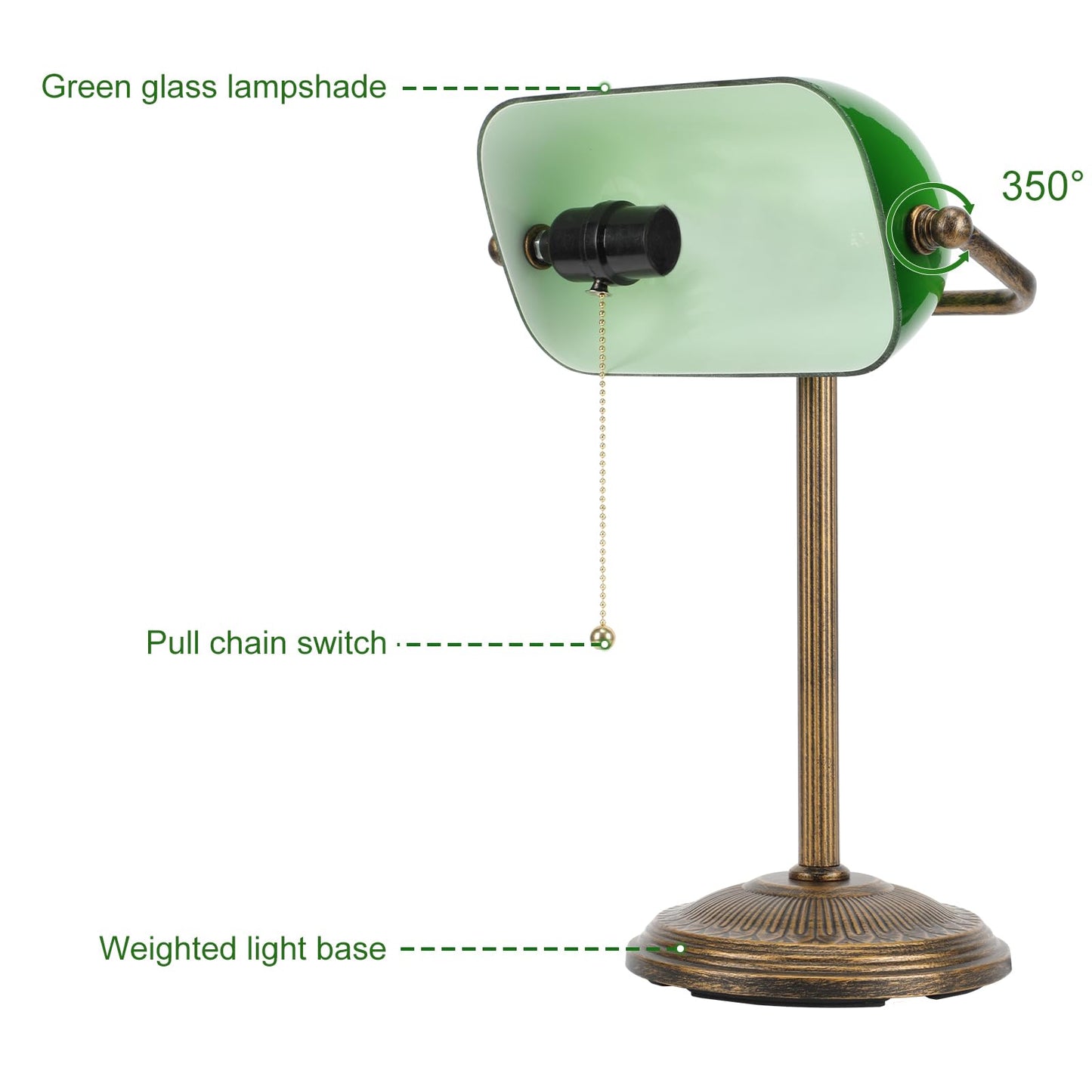NISSAFORS Banker Desk Lamp, Green Glass Shade, Vintage Desk Lamp with Chain Switch, Retro Table Lamps for Home Office (Retro Gold+Green, Small)