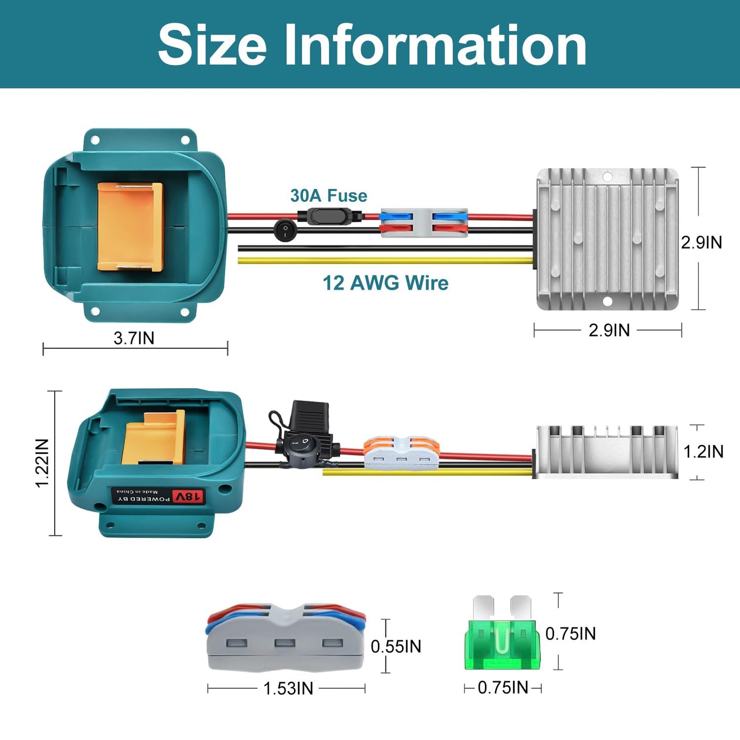 18V to 12V Step-Down Converter for Makita 18V LXT for Power Battery Adapter Wheel, DC 12V 15A 180W Buck Converter Regulator with 30A Fuse & Wire Terminal for Golf Cart RC Car Truck Light & DIY