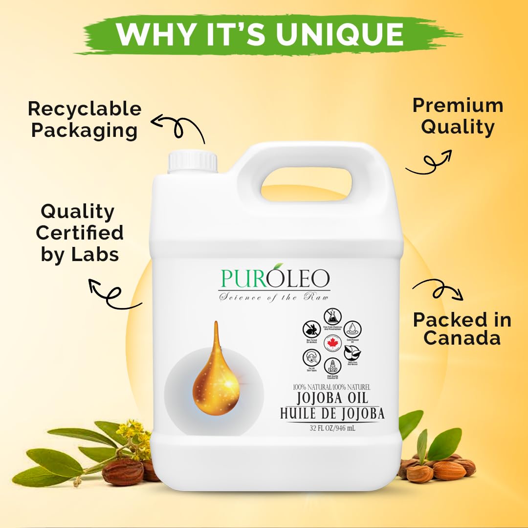 PUROLEO Jojoba Oil 32 Fl Oz/946 ML (Packed In Canada) 100% Pure and Natural for Hair Oil, beard oil , Cuticle Oil, baby oil & Face Oil | |Personal Beauty Pack Easy to carry | Premium Leakproof unbreakable Packaging