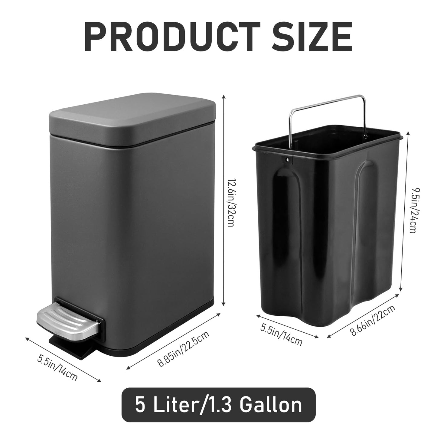 5 Liter/1.3 Gallon Slim Small Trash Can with Lid Soft Close, Stainless Steel Garbage Can for Bathroom Bedroom Office, Rectangular Step Trash Bin with Removable Inner Waste Basket (Platinum Gray)