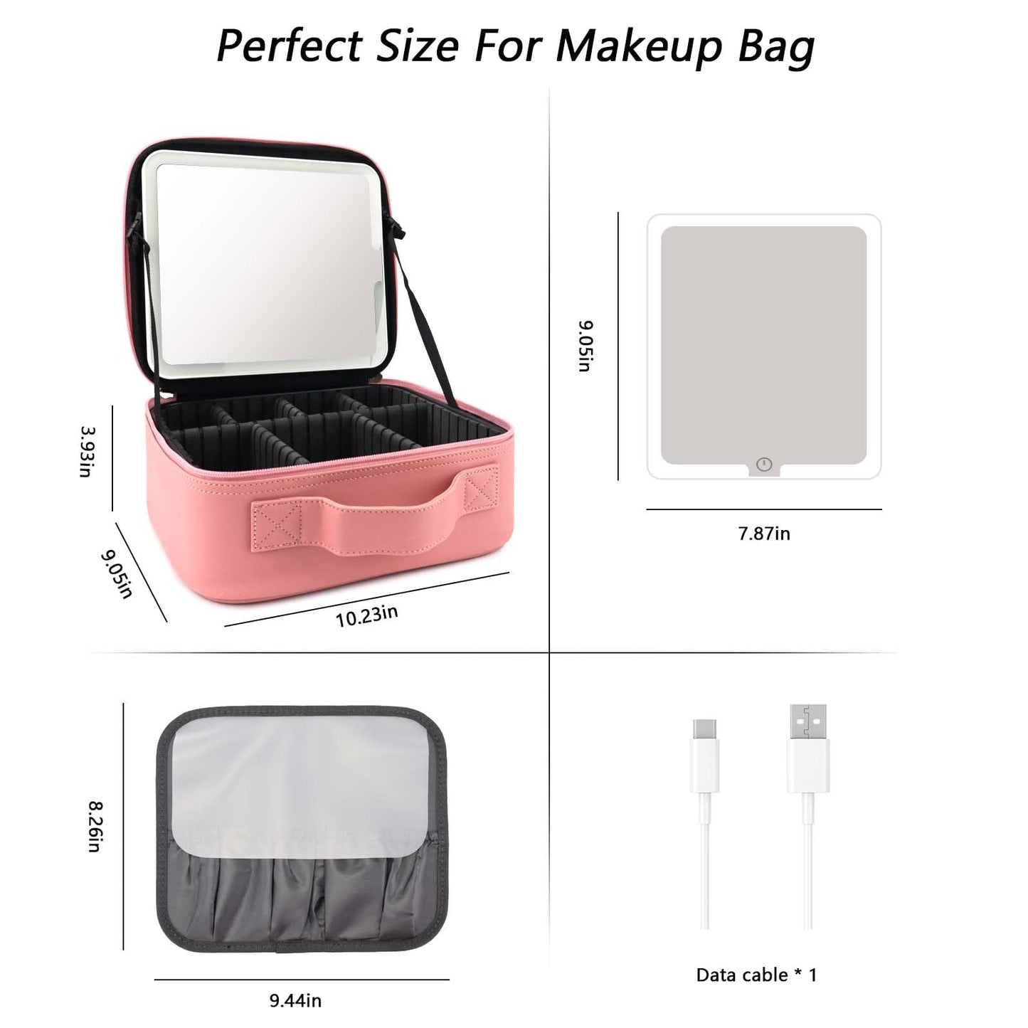 SLUMAZI Makeup Bag with LED Mirror Travel Makeup Organizer with 3 Lighted Settings, Adjustable Dividers and Makeup Brush Storage Bag Pink