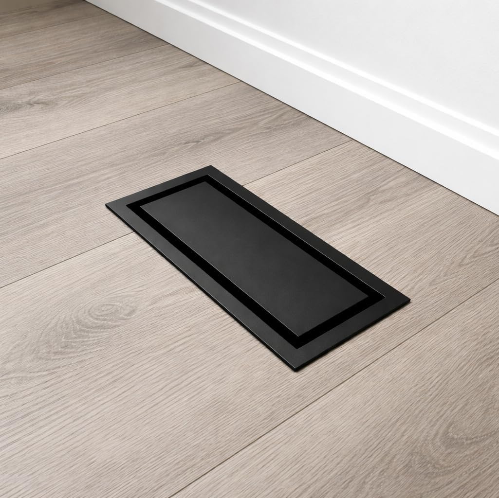 Khan Supply CO Upgraded 4x10 Metal Floor Vent - 2-in-1 Design with Matte Black Insert or Flooring Inlay, Heavy Duty Flush Register, Low Profile Air Grille, High Airflow - 2 Year Warranty