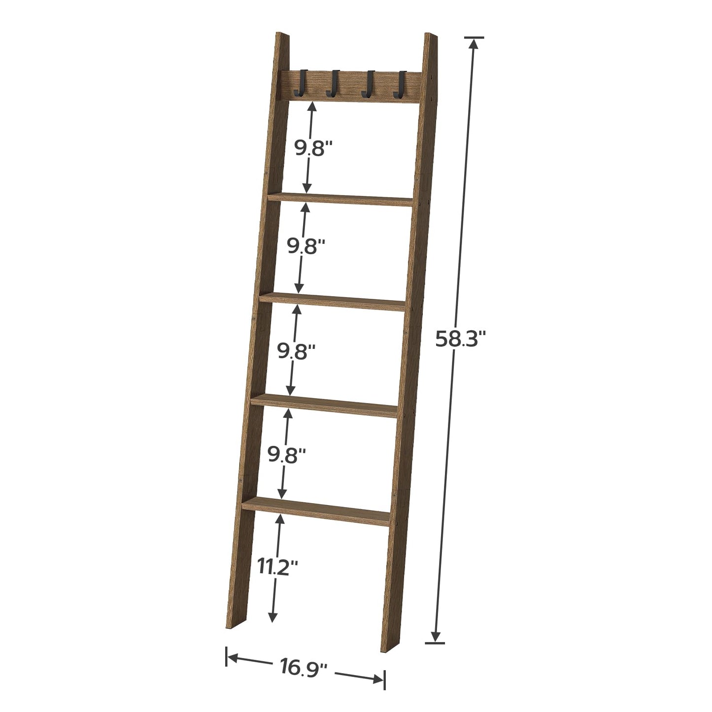 HOOBRO Blanket Ladder, Wall Leaning Blanket Rack, 5 Ft, 5 Tier Farmhouse Ladder Shelf, Towel Rack, Decorative Quilt Rack, Removable Hooks, Living Room, Bedroom, Bathroom, Mocha MA51CJ01G1
