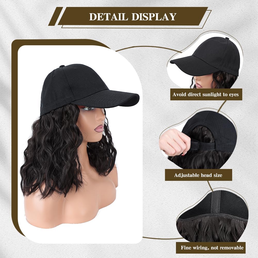 CHRSHN Hat Wig for Women, Short Wavy Baseball Cap Wig with Curly Synthetic Hair Extensions, Adjustable Black Brown Baseball Hat Wig