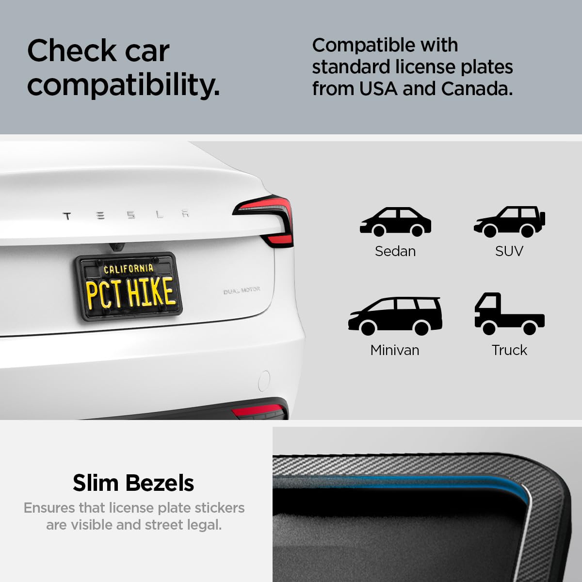 Spigen Car License Plate Frame Holder (Rattle Proof and Weather Proof) [1 Pack] with Screws & Installation Kit Designed for New Tesla Model Y Juniper, Model 3/Y/S/X/Cybertruck & All Cars (Black)