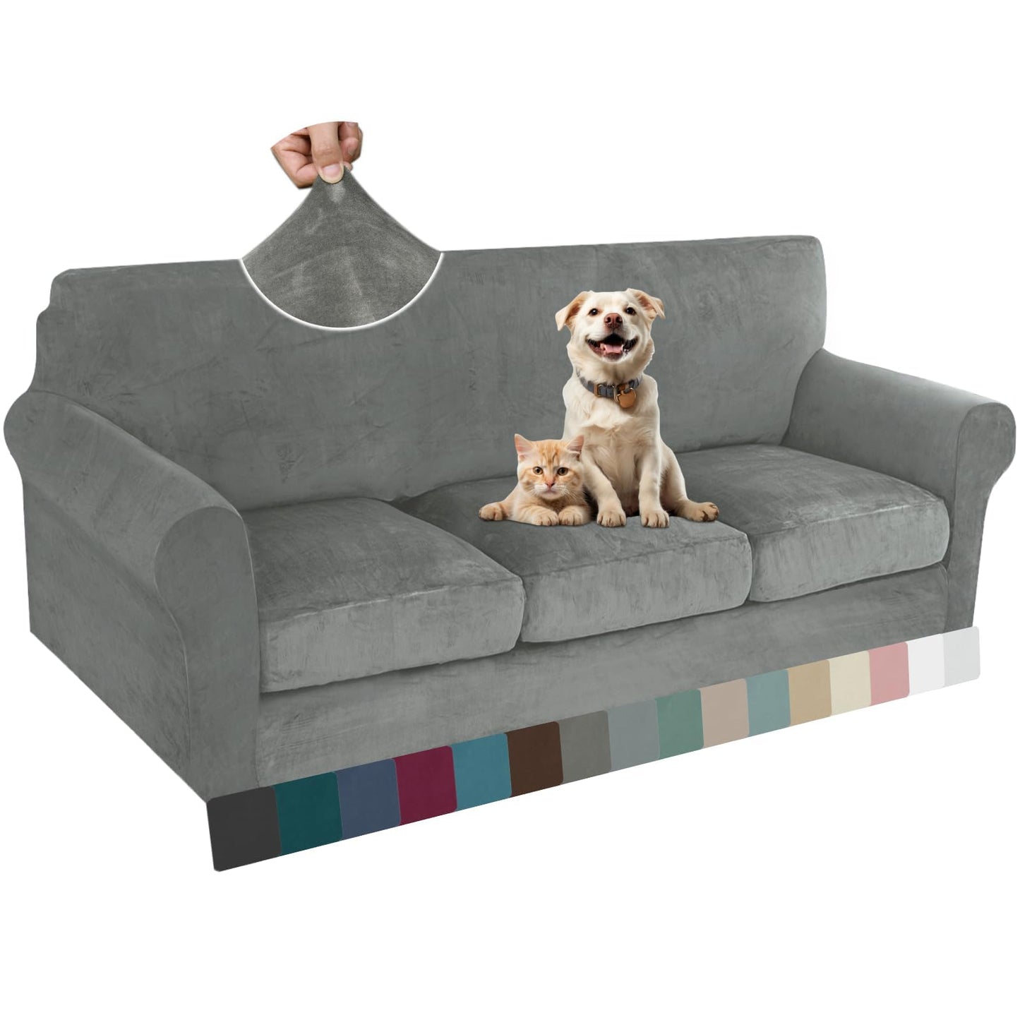 ZNSAYOTX Luxury Velvet Couch Cover 4 Piece Stretch Sofa Covers for 3 Cushion Couch Thick Soft Spandex Sofa Slipcover Living Room Anti Slip Dogs Pet Furnitre Protector (Grey, Sofa)
