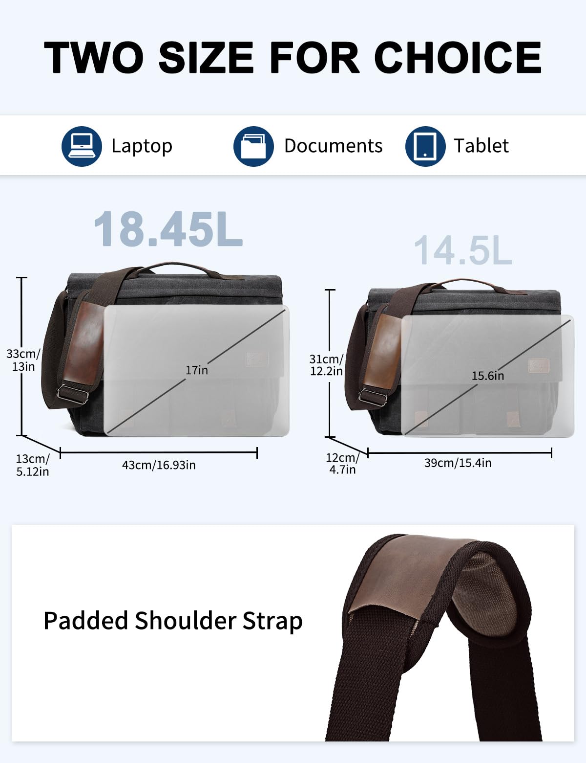 Messenger Bag for Men Women，Kasqo 17 Inch Large Canvas Laptop Bag Water Resistant Shoulder Bag Satchel Computer Briefcase for Office Business Travel School Dark Gray