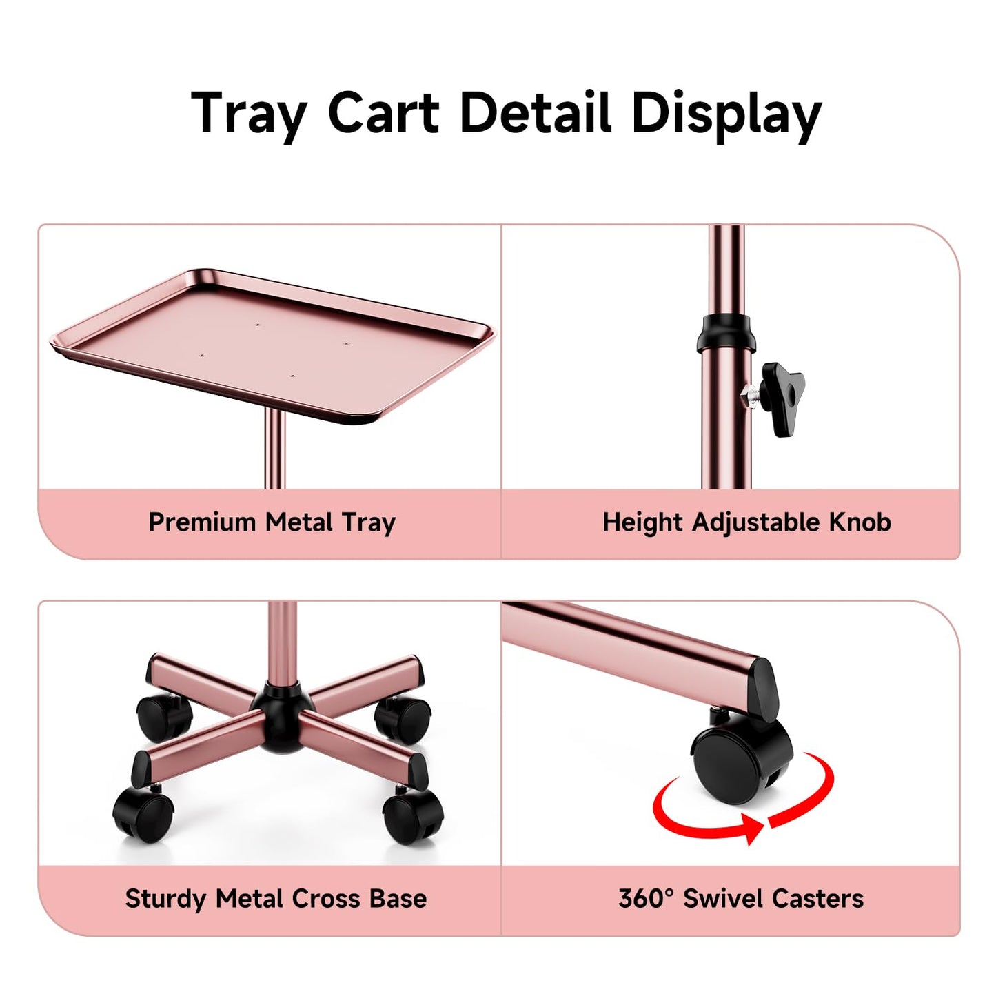 Salon Tray Cart Tattoo Tray Rolling Tray Spa Tray, Dental Tray Height Adjustable, Salon Tray on Wheels Hairstylist Salon Trolley Cart,Rose Gold