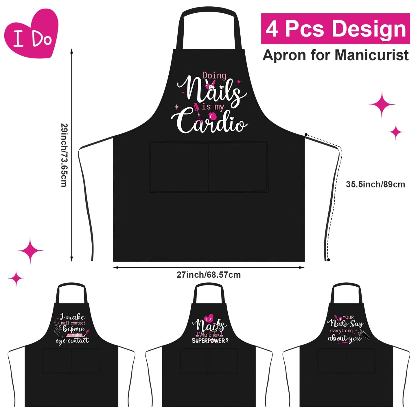 Mepase 4 Pieces Nail Tech Aprons with Pockets Funny Quotes Apron for Nail Technician Manicurists Art Supplies for Salons Cosmetology Smock