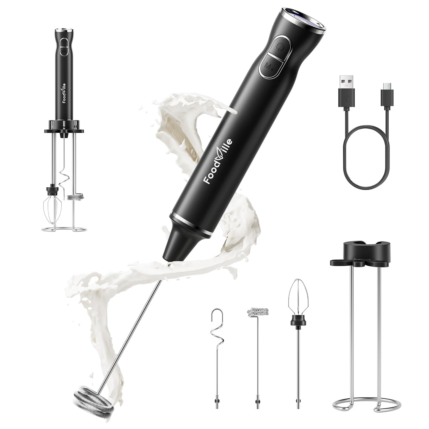 Foodville MF06 Rechargeable Milk Frother 1800 Mah with 9 Speed and 3 Frother, LED Display Screen, Storage Stand, for Coffee Milk Foam, Cappuccino, Latte, Keto Diet, Protein Powder, Matcha, Bulletproof