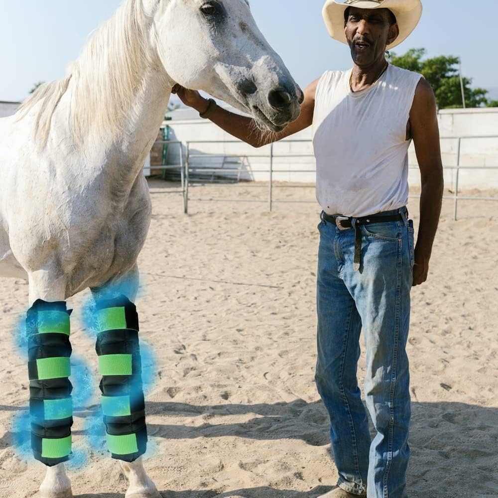 WORLD-BIO Horse Ice Boots Wraps Set of 2, Reusable Cooling Boot Wrap for Horse Injuries, Therapy Full Ice Boots for Horses with Straps, Hock, Knee and Hooves, 16.9'' x 16.2'' Green
