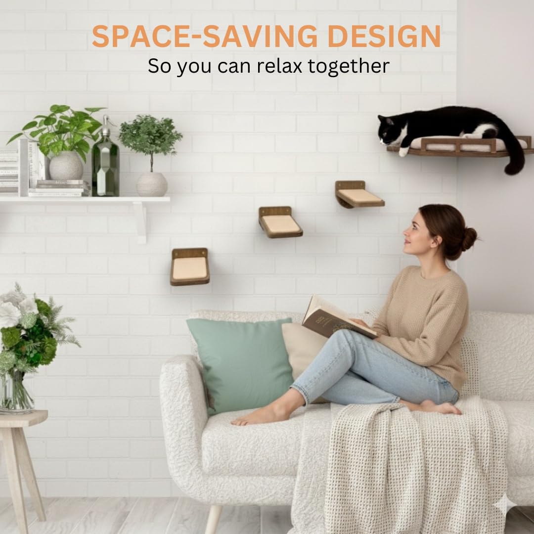 INICIO Cat Wall Shelves - Modern and Durable 3 Step Cat Furniture for Wall - Stylish Birch Floating Shelf for Cats up to 15lbs - Wooden Corner Shelves with Cushioned Perch - Brown